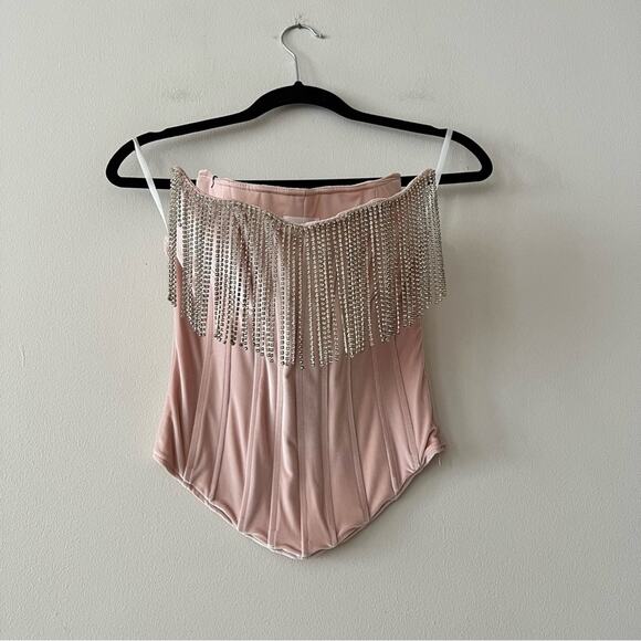LPA Maddalena Pink Velvet Rhinestone Fringe Corset Top - Picture 4 of 9